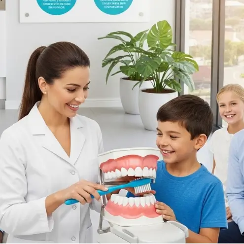 A dentist in a white coat teaches a smiling boy how to brush teeth using a large dental model. A girl watches in the background, conveying a cheerful, educational atmosphere.