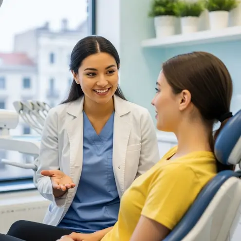 A dentist in a blue shirt and white coat smiles and talks to a patient seated in a dental chair.