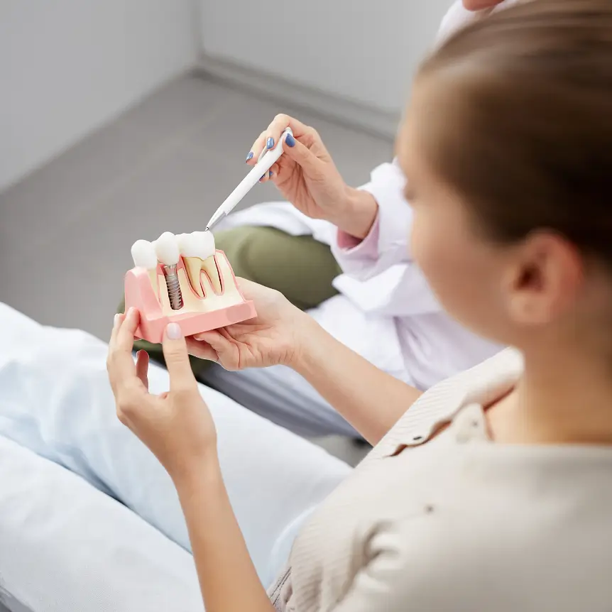 A dentist explains a dental implant model to a patient, using a tool to point at the model. The setting is professional and educational.