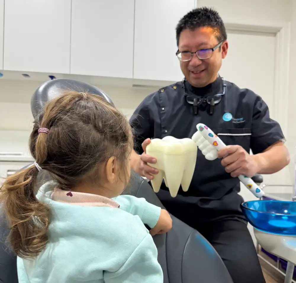 Dr Hong shows a young girl a large tooth model and toothbrush in a clinic. The child is attentive, creating a friendly and educational atmosphere.